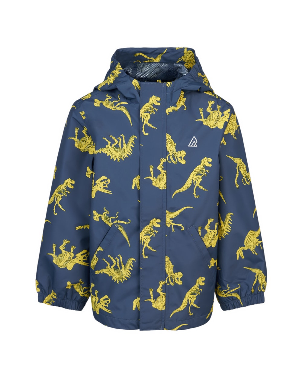 Ripzone Boys' Thunder Rain Jacket in navy dinosaur-bone print, front view
