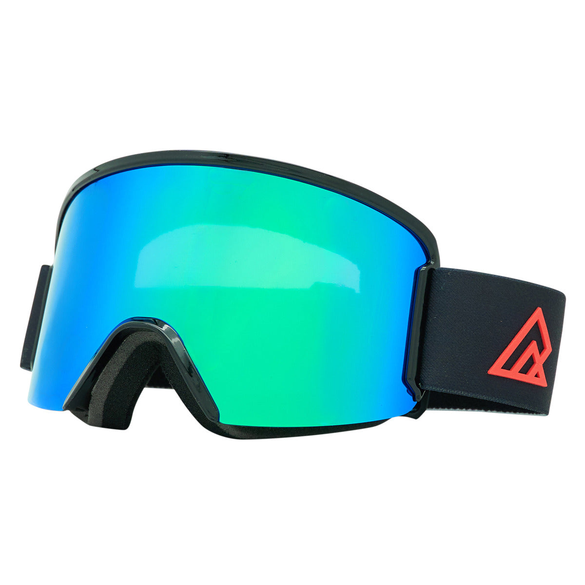 Ripzone Prospect adult winter sports goggles, black frame with Revo Blue lens, three-quarter front view