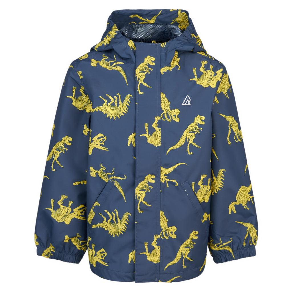 Ripzone Boys' Thunder Rain Jacket in navy dinosaur-bone print, front view