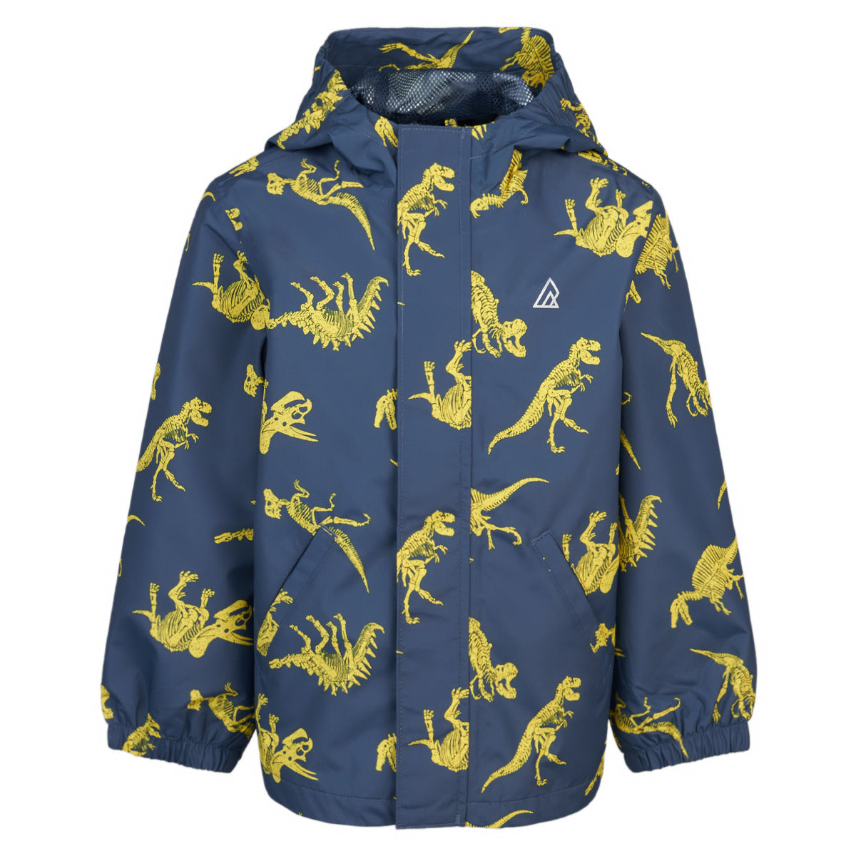Ripzone Boys' Thunder Rain Jacket in navy dinosaur-bone print, front view