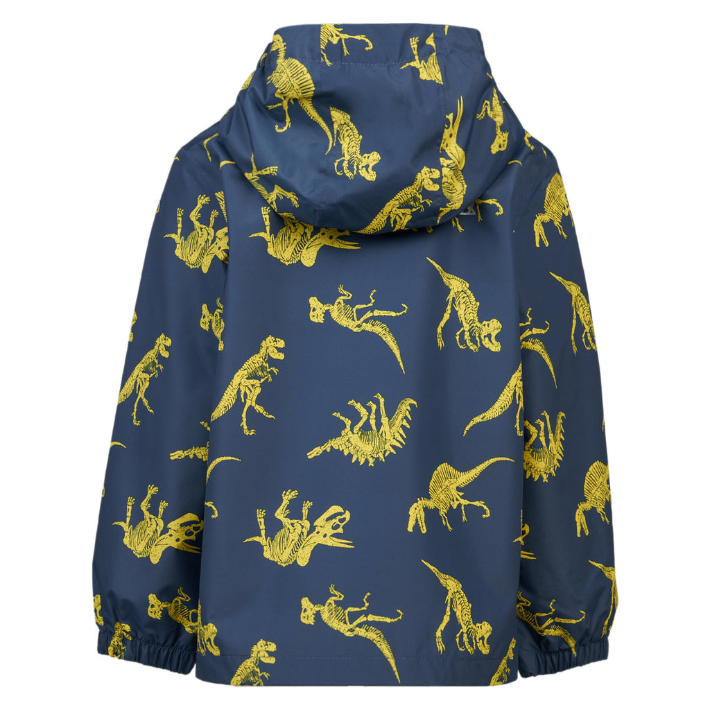 Ripzone Boys' Thunder Rain Jacket in navy dinosaur-bone print, back view