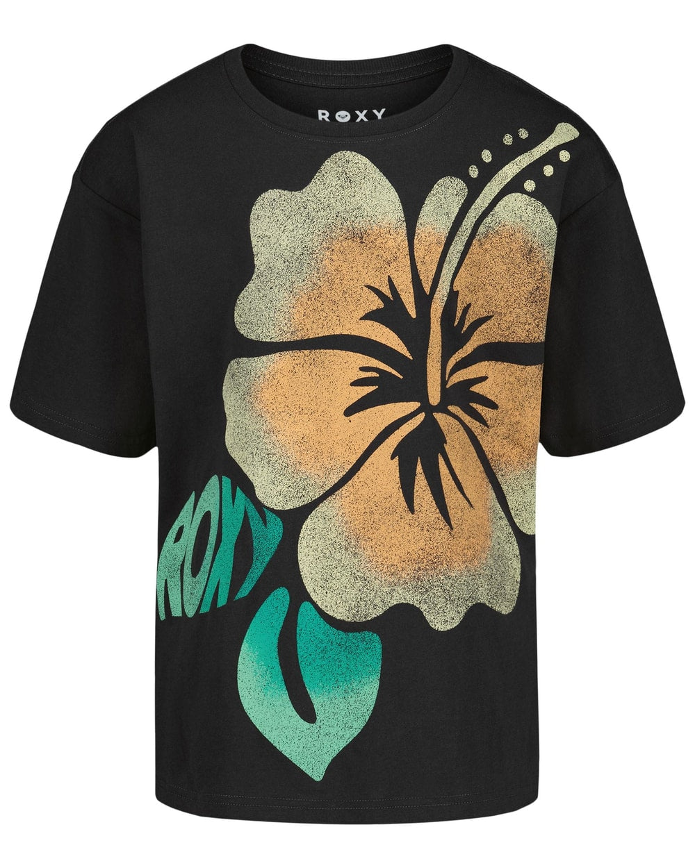 Roxy Girls' Hibiscus Oversized Tee - Phantom, front flat lay