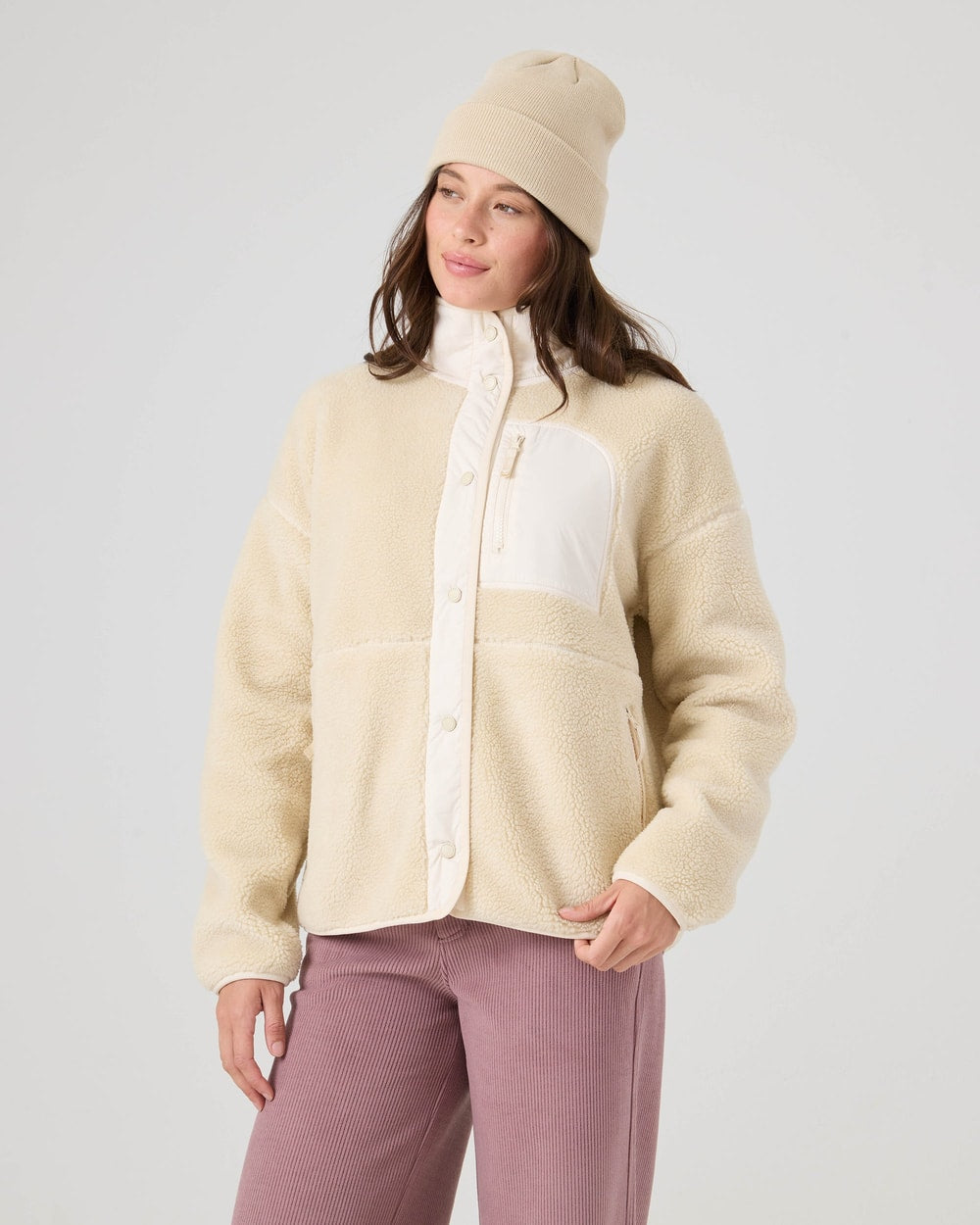 Roxy Women's Axel Bonded Sherpa Jacket - Fog, three-quarter front view