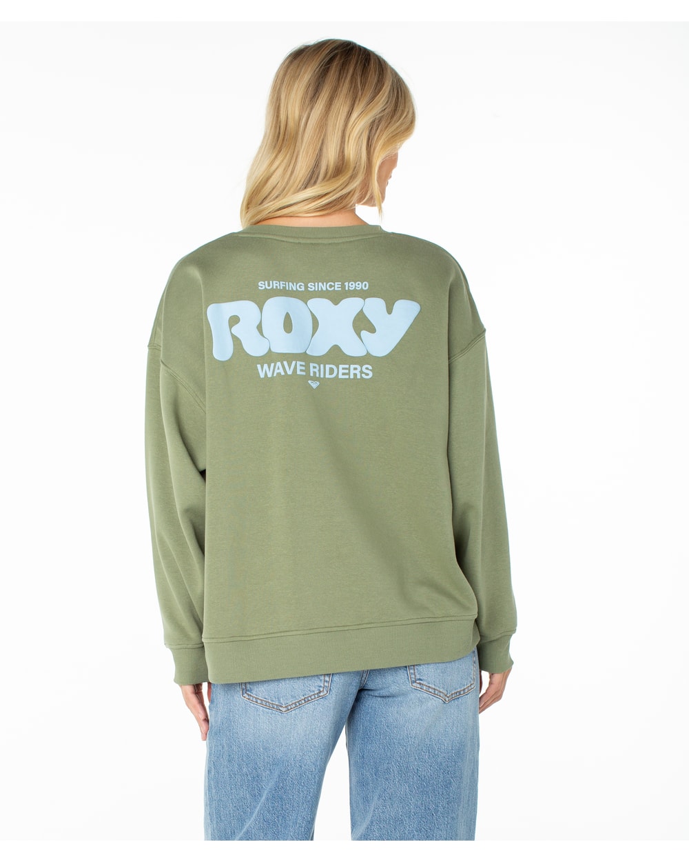 Roxy Women's Morning Stroll Wave Riders Crewneck Sweatshirt - OIL GREEN WAVE RIDERS CLUB