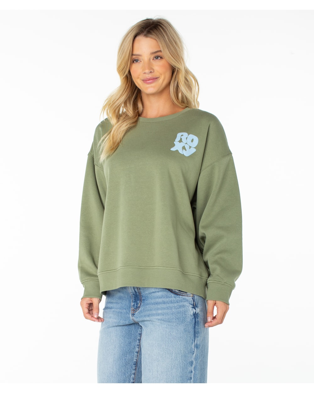 Roxy Women's Morning Stroll Wave Riders Crewneck Sweatshirt - OIL GREEN WAVE RIDERS CLUB