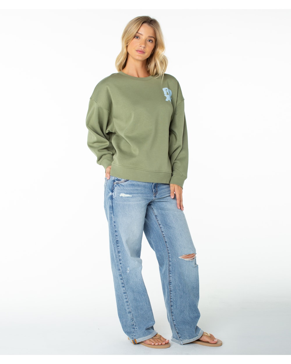 Roxy Women's Morning Stroll Wave Riders Crewneck Sweatshirt - OIL GREEN WAVE RIDERS CLUB