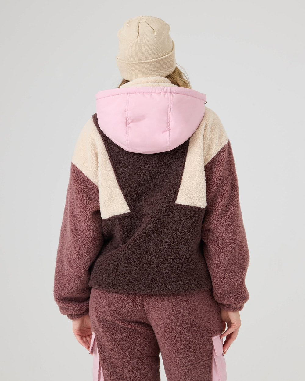 Roxy Women's Rita Half-Zip Sherpa Anorak - Fog, back view with hood
