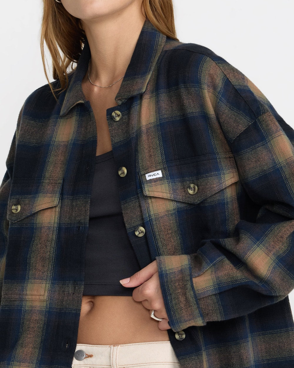RVCA Women's Bonito Boxy Flannel Shirt - BLACK