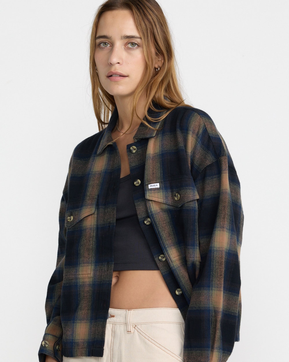 RVCA Women's Bonito Boxy Flannel Shirt - BLACK