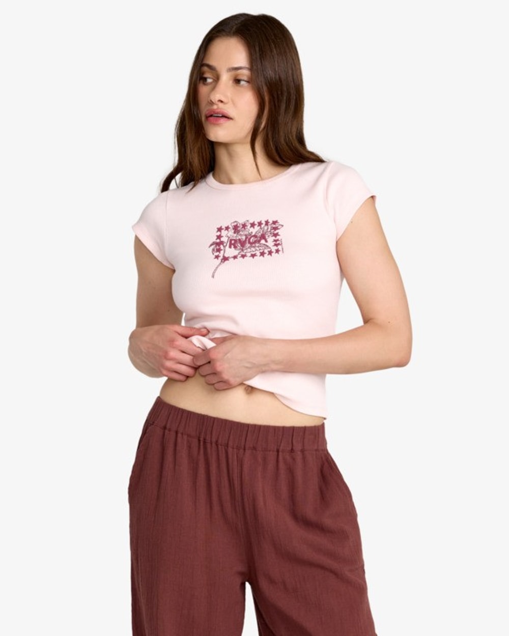 RVCA Women's Ribbed Slim Tee - Hazy Pink - front