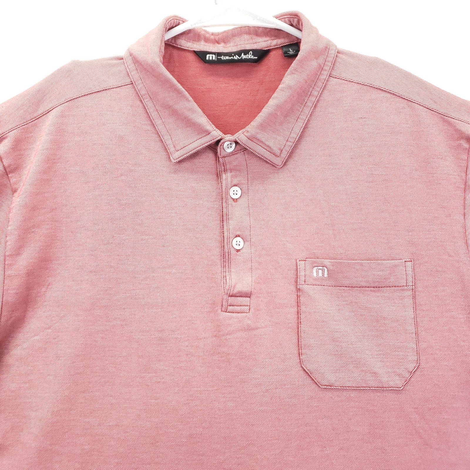 TravisMathew Local Discount Polo Heather Blush - collar and pocket detail