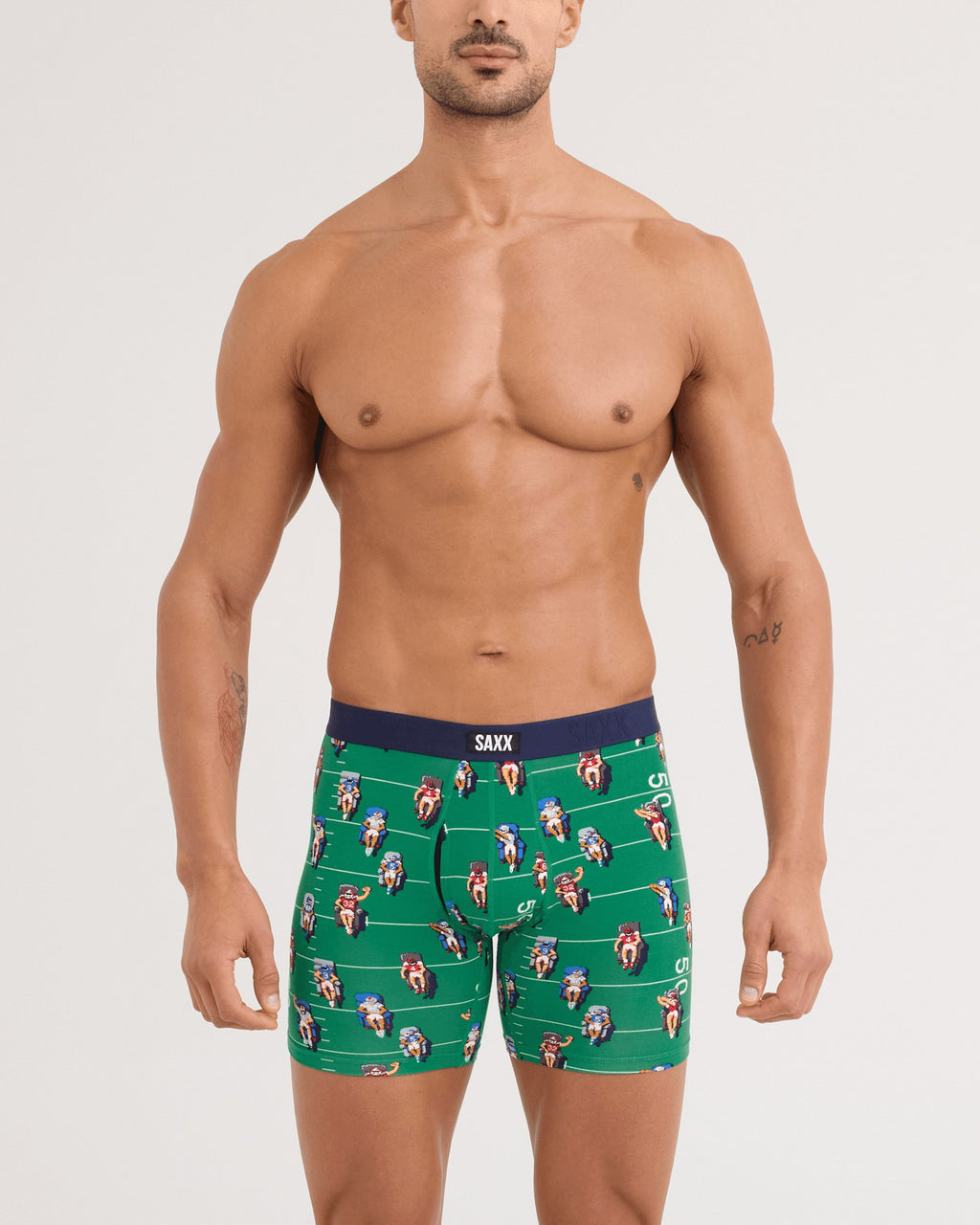 Saxx Vibe Xtra Soft Comfort Boxer Brief - Armchair QB Green, on model, front