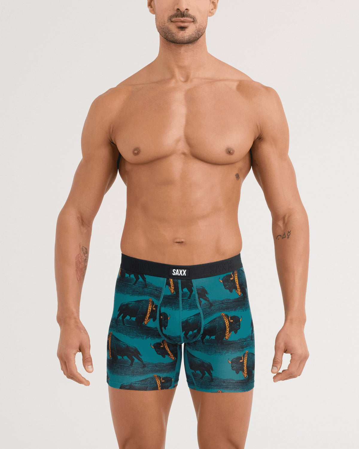 Saxx Vibe Xtra Soft Comfort Boxer Brief - Bison Bling Seascape, on model, front