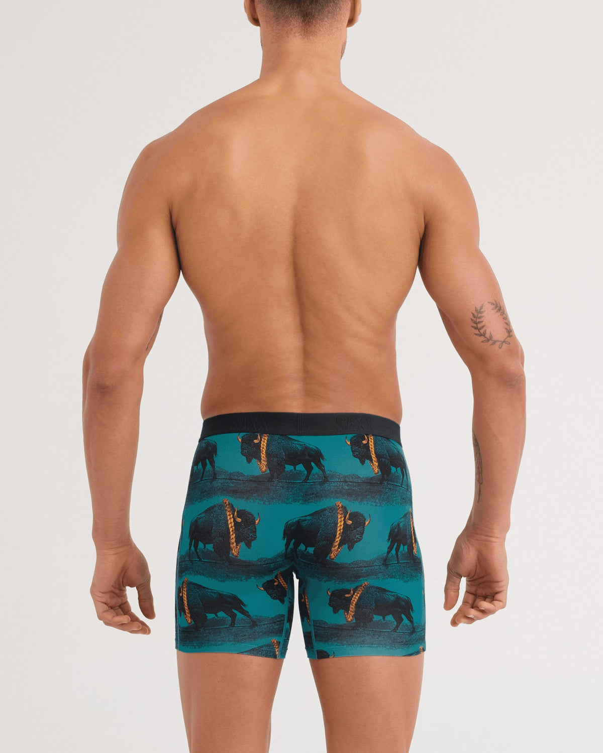 Saxx Vibe Xtra Soft Comfort Boxer Brief - Bison Bling Seascape, on model, back