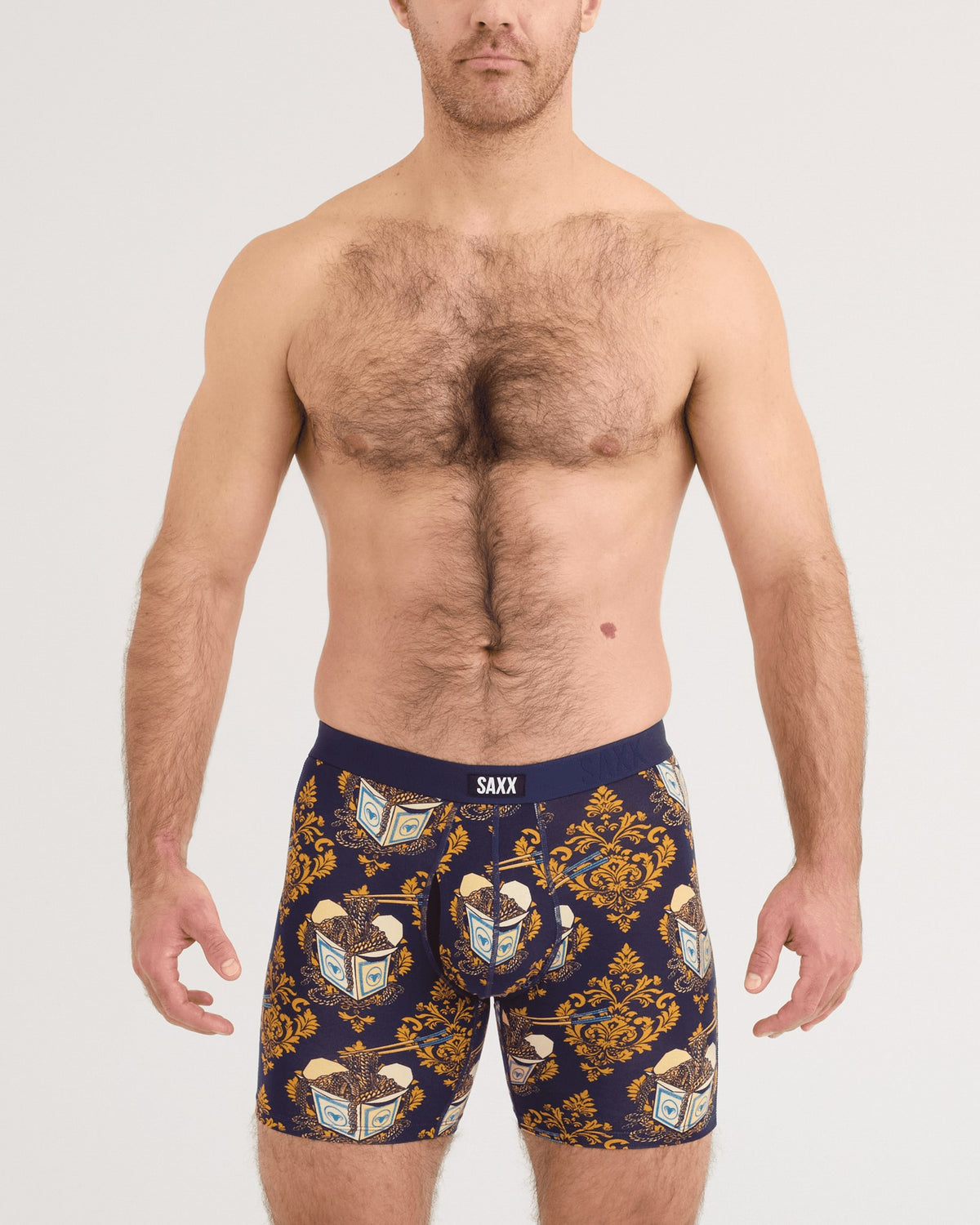 Saxx Vibe Xtra Soft Comfort Boxer Brief - Gold Chain Maritime, on model, front