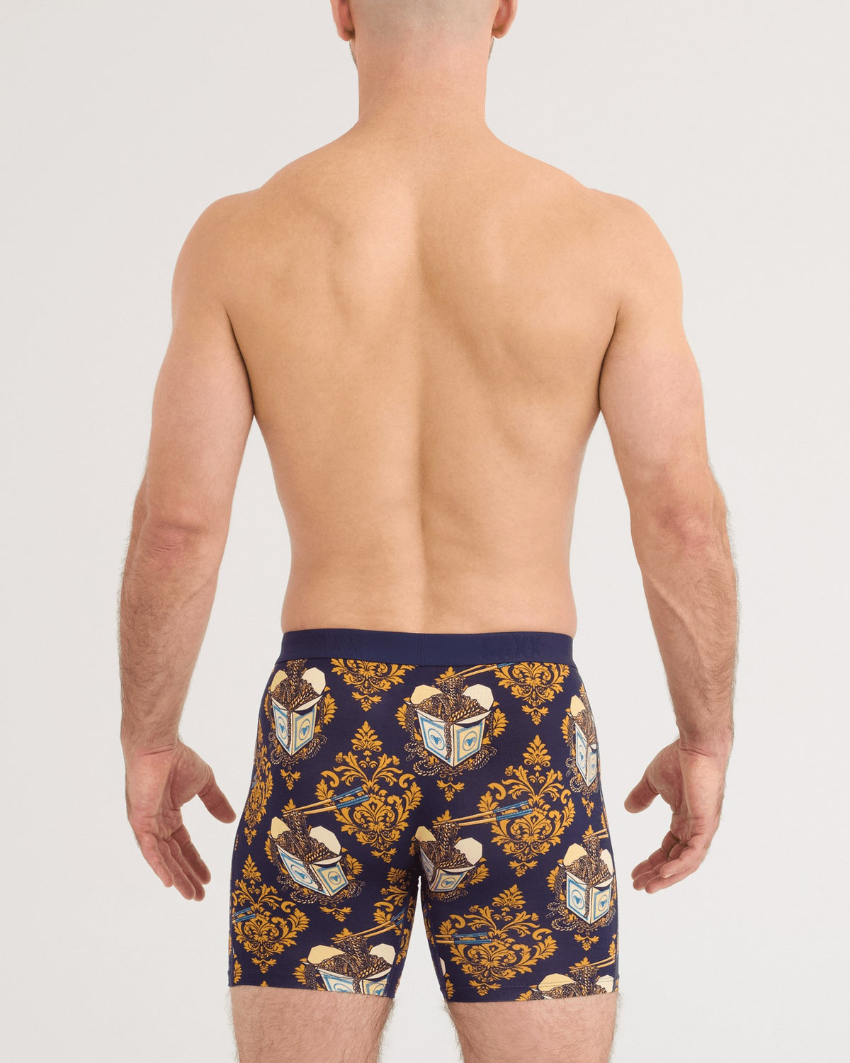Saxx Vibe Xtra Soft Comfort Boxer Brief - Gold Chain Maritime, on model, back