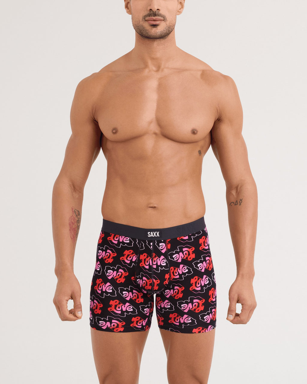 Saxx Vibe Xtra Soft Comfort Boxer Brief - Love Mark Black, on model, front
