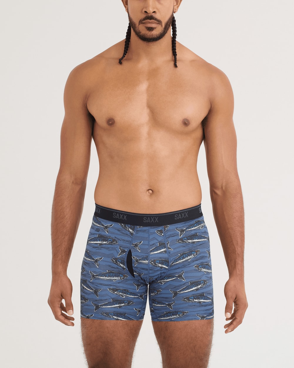 Saxx Quest Quick-Dry Mesh Boxer Brief - Holy Mackrel-Washed Indigo, on model front