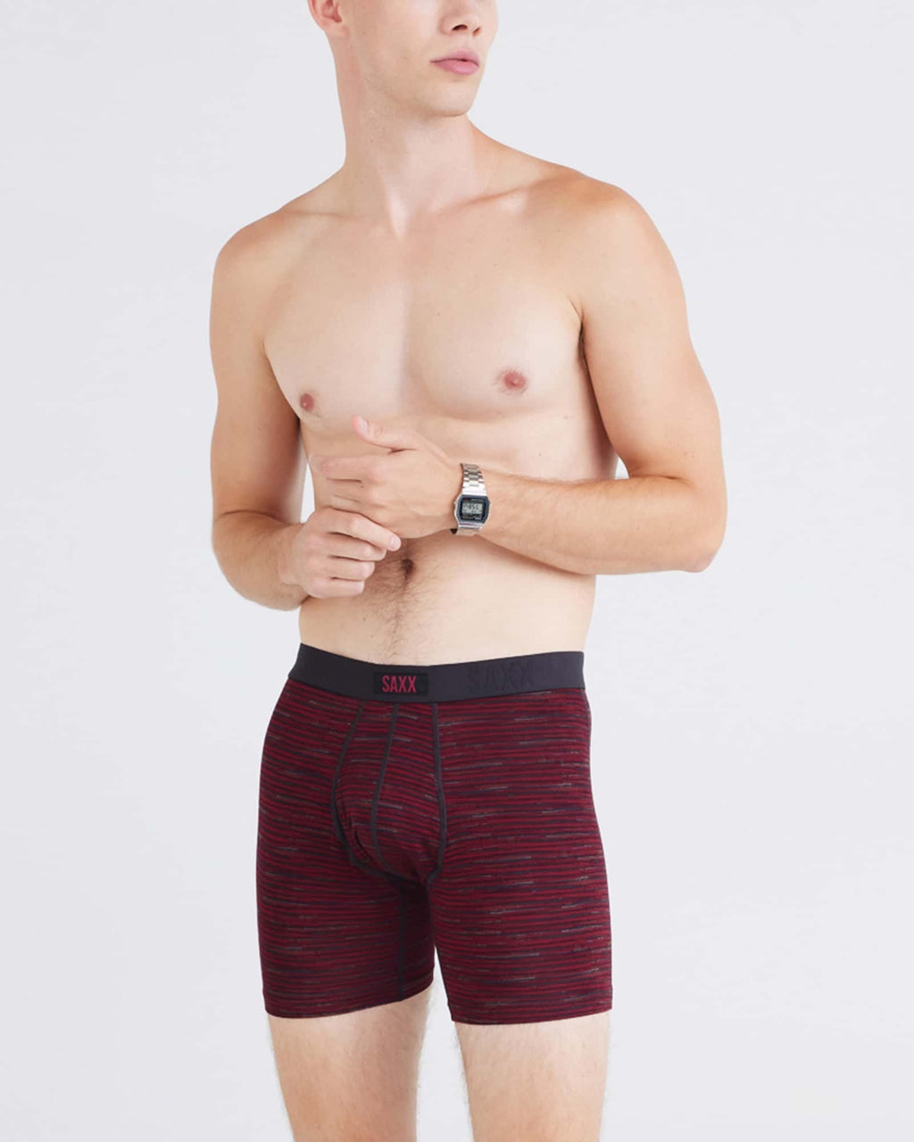 Saxx Vibe Xtra Soft Comfort Boxer Brief (2 Pack) - Spacedye Stripe Black, on model, front