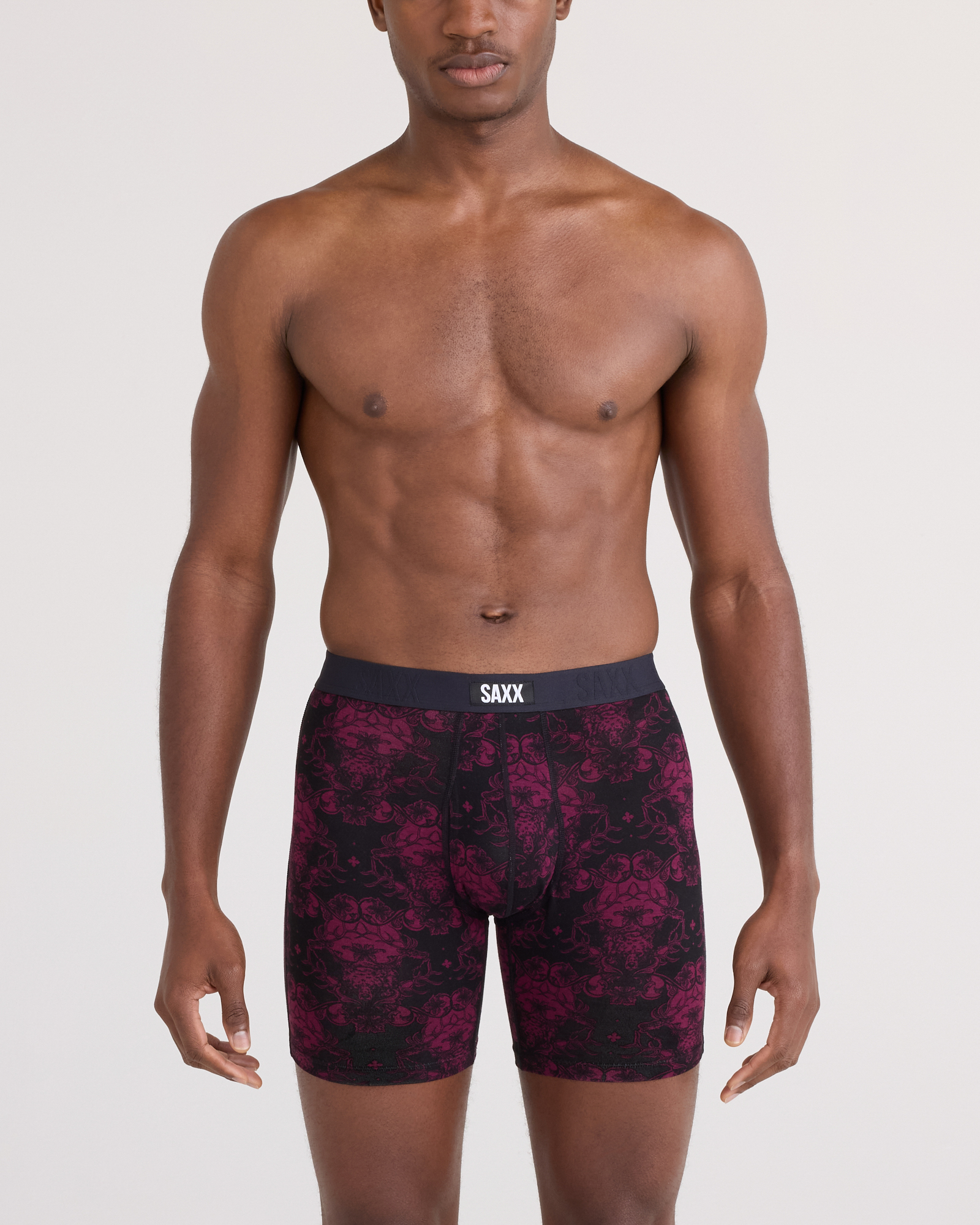 Saxx Vibe Xtra Boxer Brief Fly, Bear Brocade-Maroon, on model front