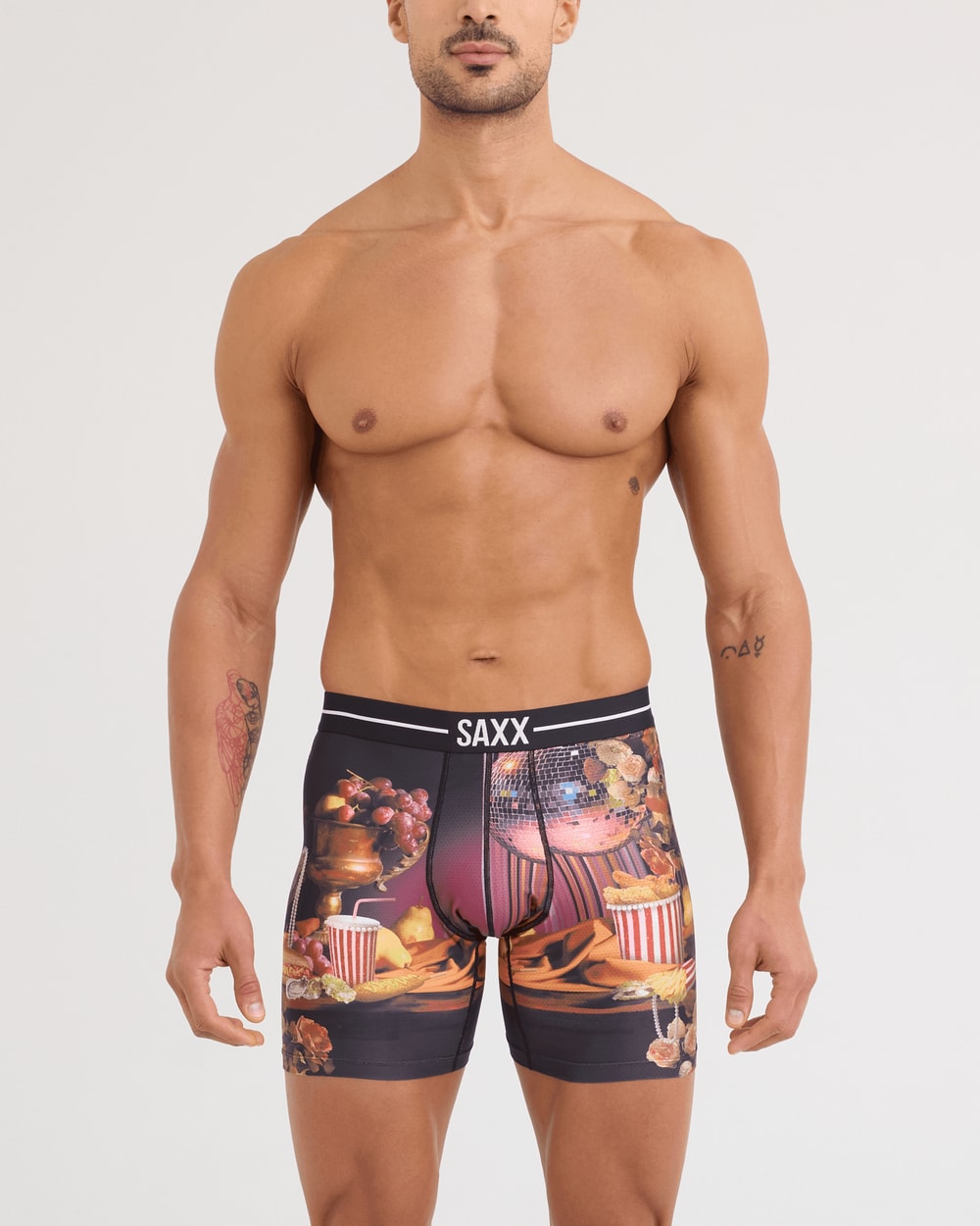 Saxx Volt Breathable Mesh Boxer Brief - Disco Fries-Maroon, on model front
