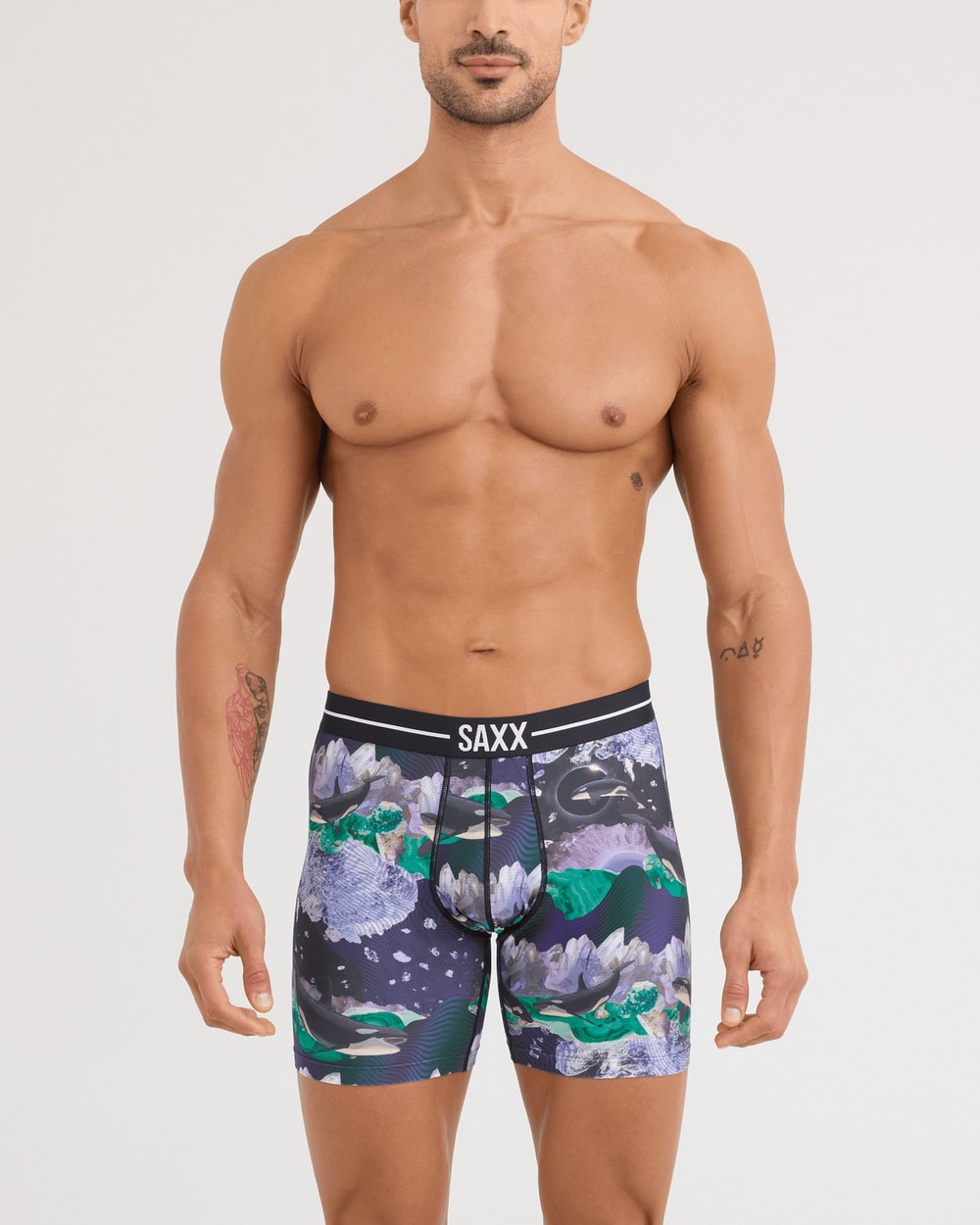 Saxx Volt Breathable Mesh Boxer Brief - Midnight Sun Black, on model, front