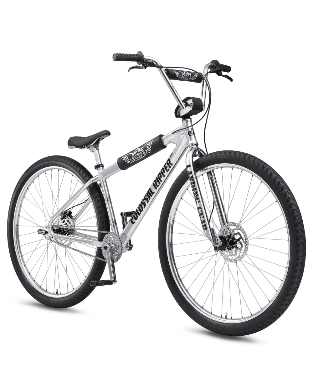 SE Colossal Ripper 32" BMX bike in High Polish Silver, three-quarter front view