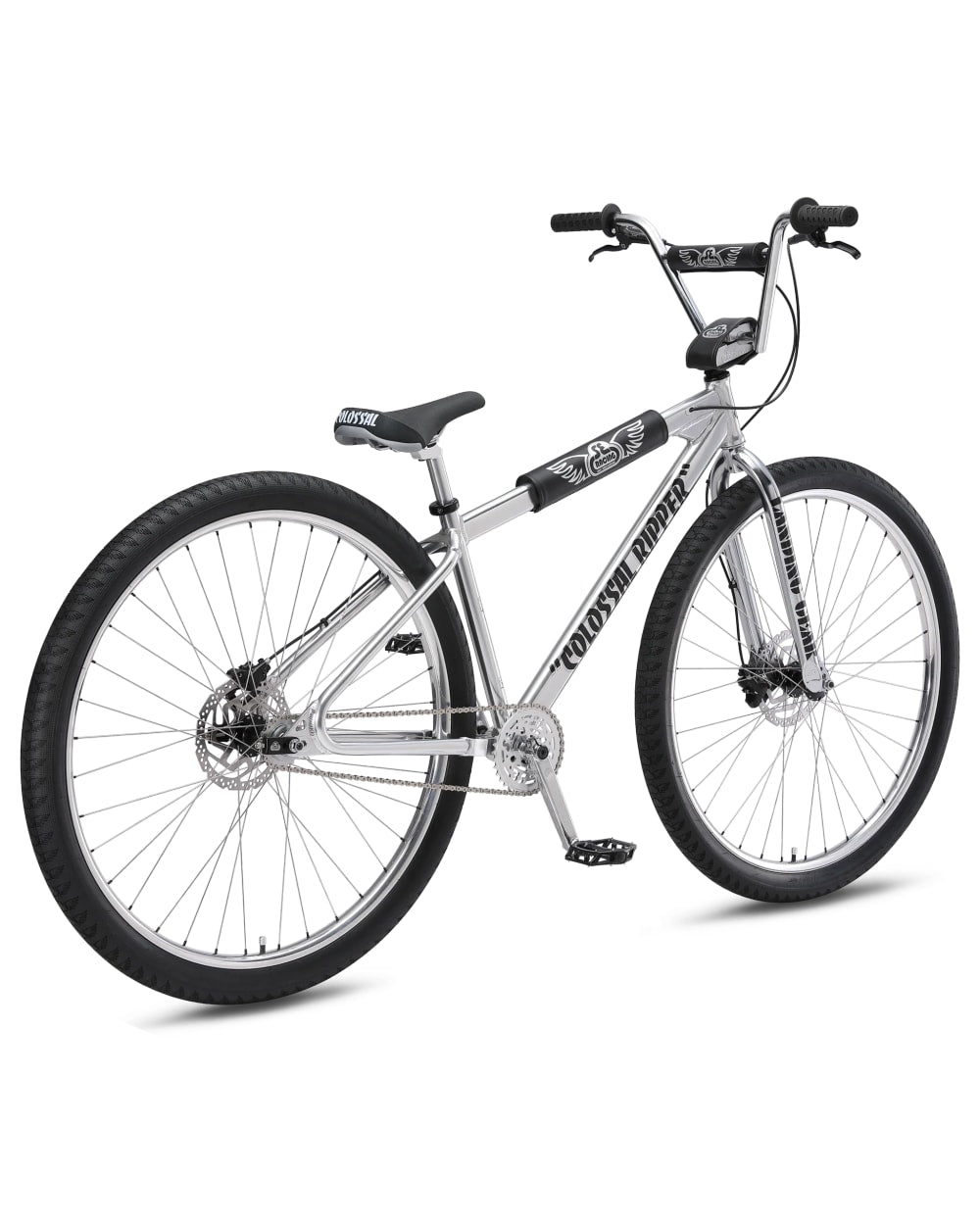 SE Colossal Ripper 32" BMX bike in High Polish Silver, three-quarter rear view