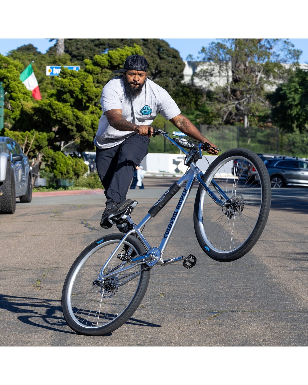 Rider pulling a wheelie on the SE Colossal Ripper 32
