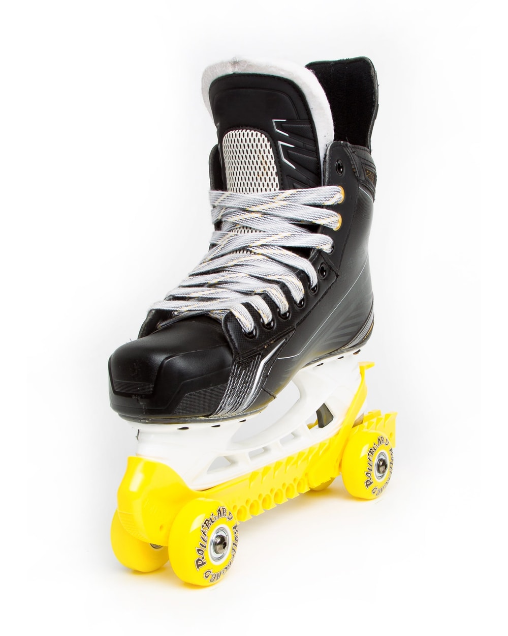 RollerGard rolling skate guard in neon yellow, fitted to a hockey skate
