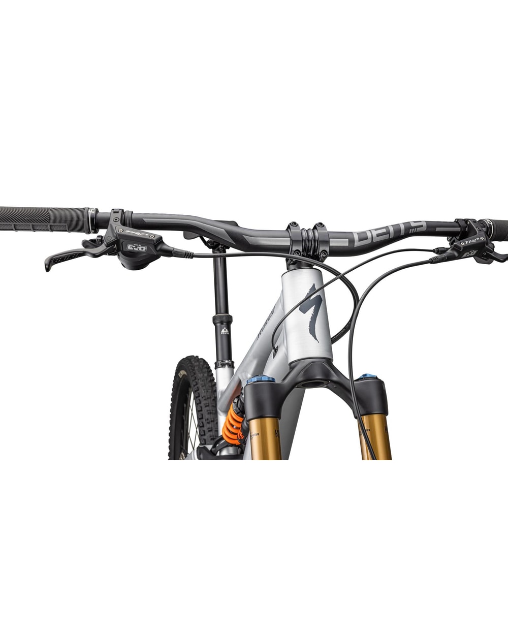 Specialized Stumpjumper 15 Alloy FOX Coil - 2025 - SATIN BRUSHED ALUMINUM/CAST BLUE, head tube detail