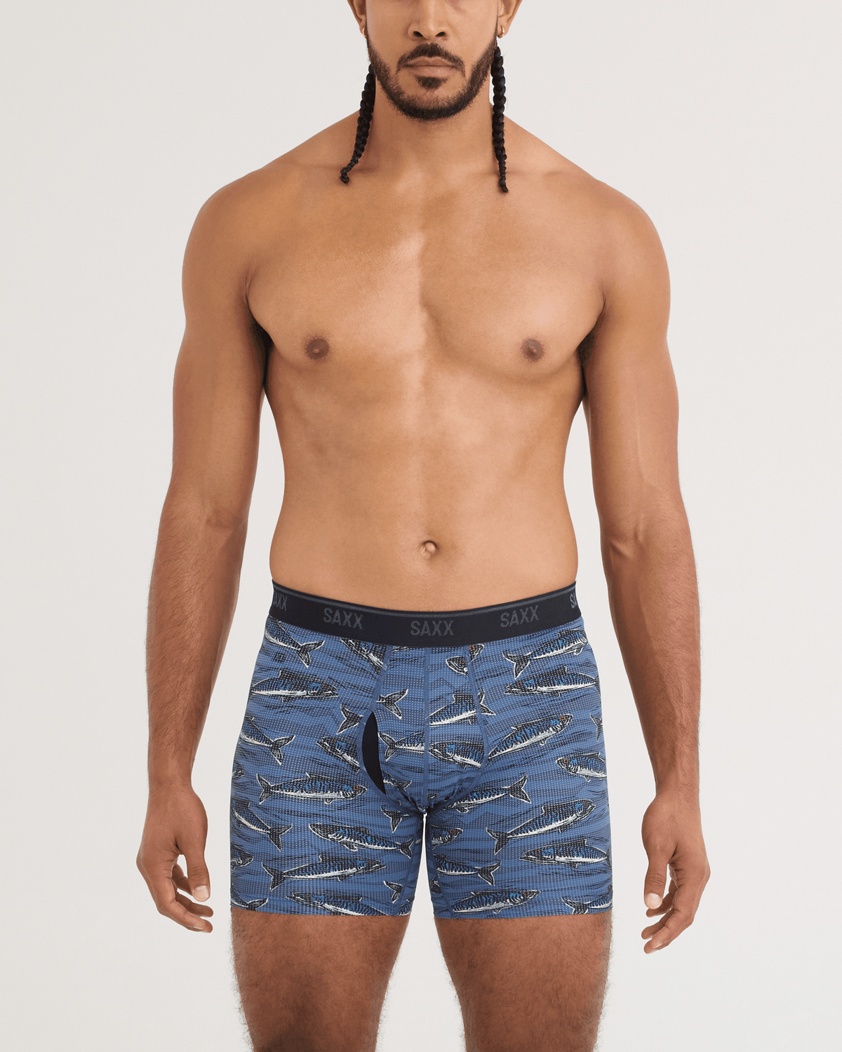 Saxx Quest Quick-Dry Mesh Boxer Brief - Holy Mackrel-Washed Indigo, on model front