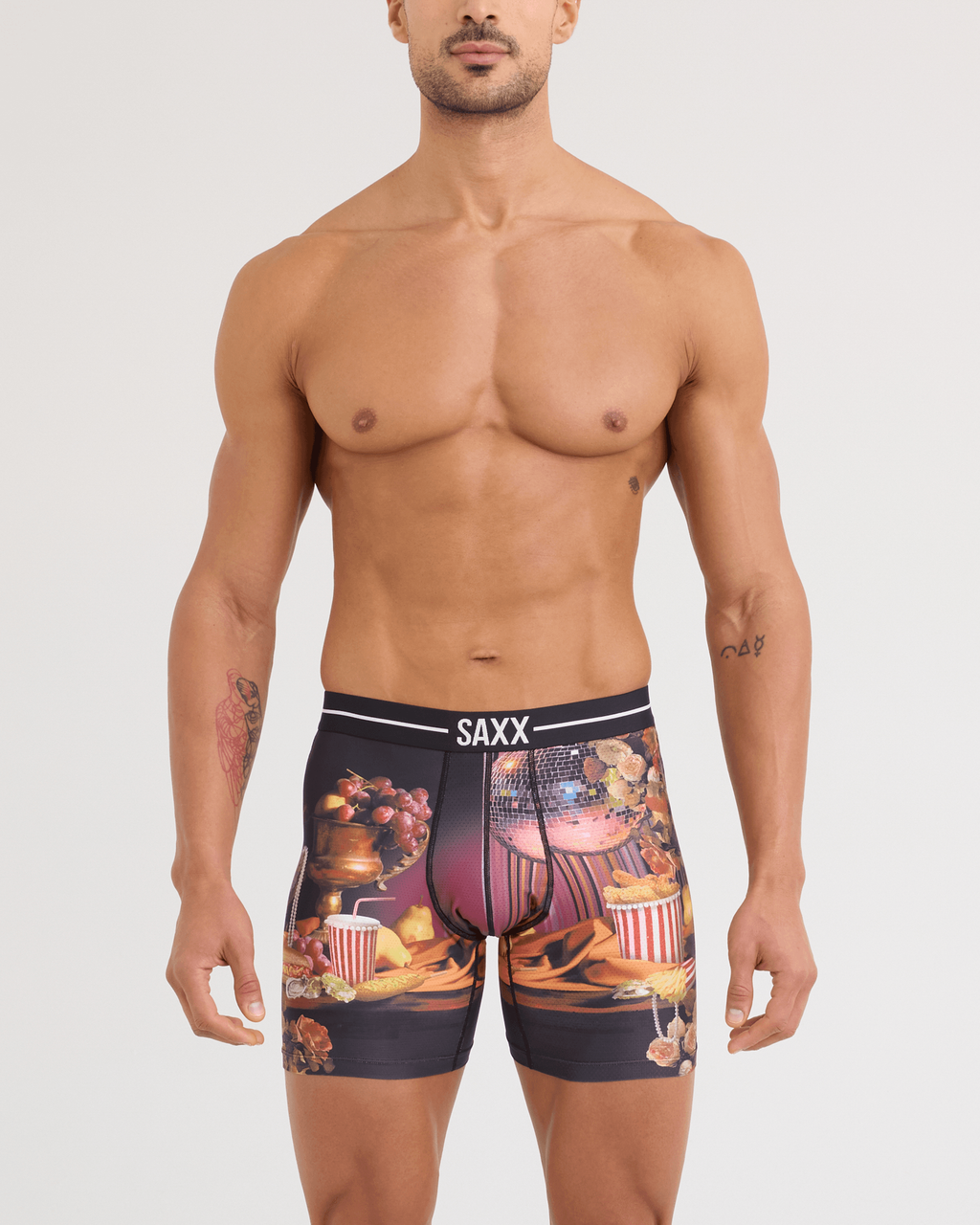 Saxx Volt Breathable Mesh Boxer Brief - Disco Fries-Maroon, on model front
