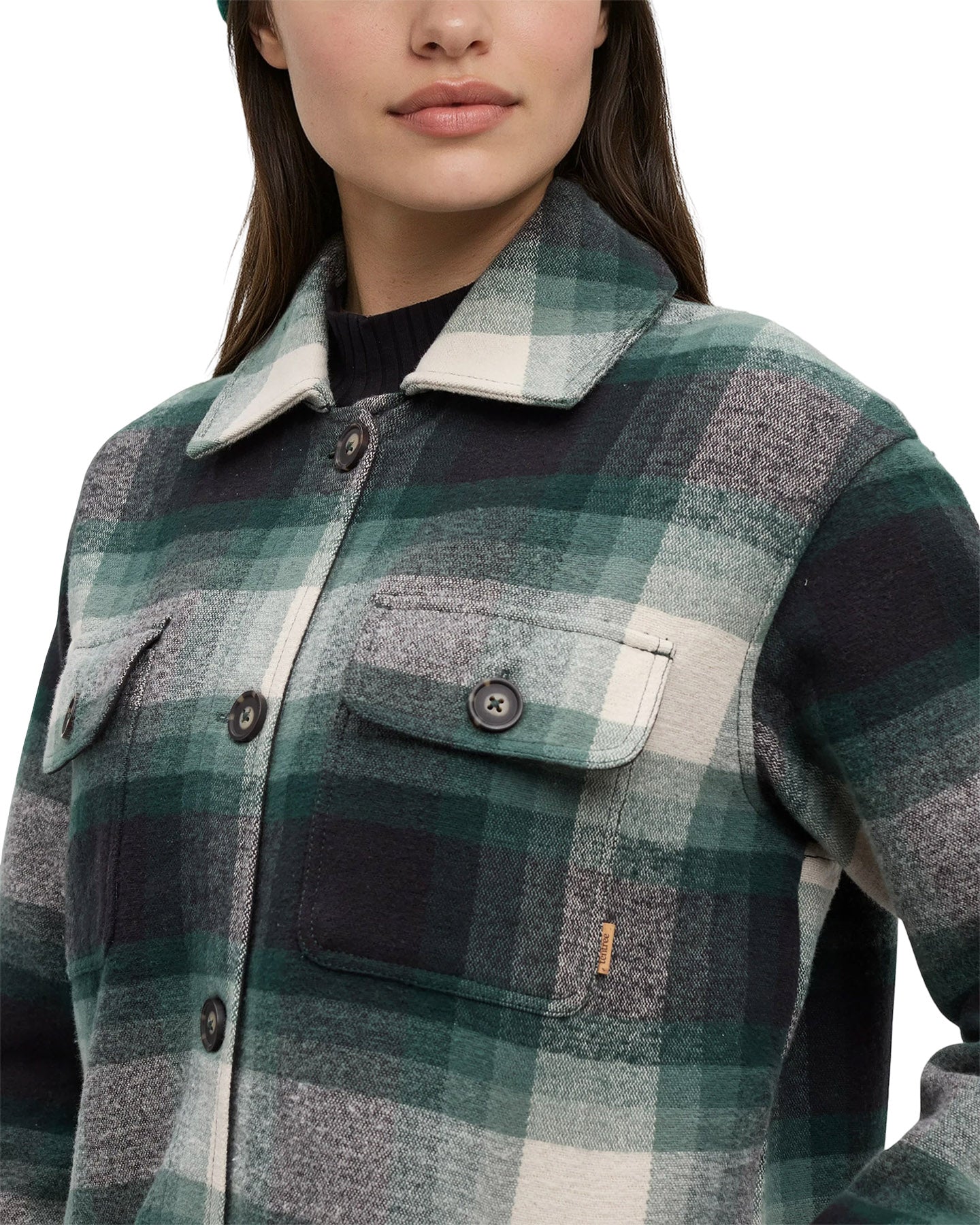Tentree Women's Livingston Jacket - Dark Forest Green Upland Plaid - chest detail