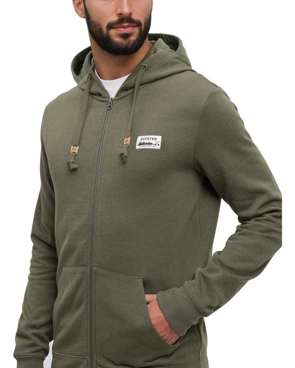 Tentree Heritage Land Full Zip Hoodie - Deep Olive/White Oak - front three-quarter