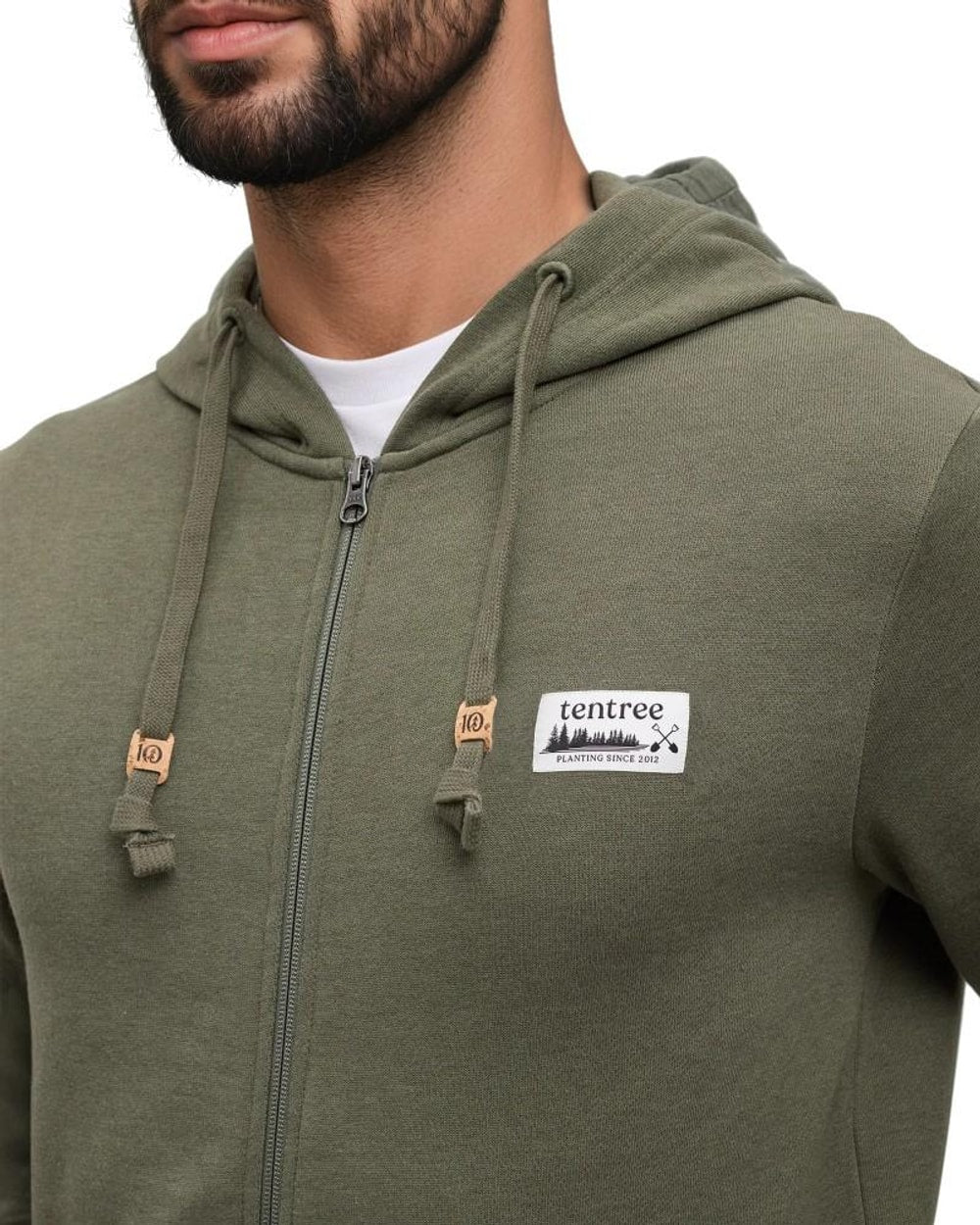 Tentree Heritage Land Full Zip Hoodie - Deep Olive/White Oak - label detail