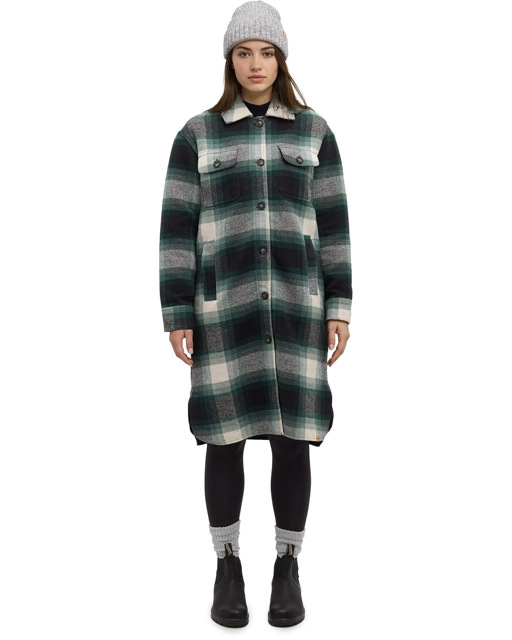 Tentree Women's Livingston Jacket - Dark Forest Green Upland Plaid - front alternate