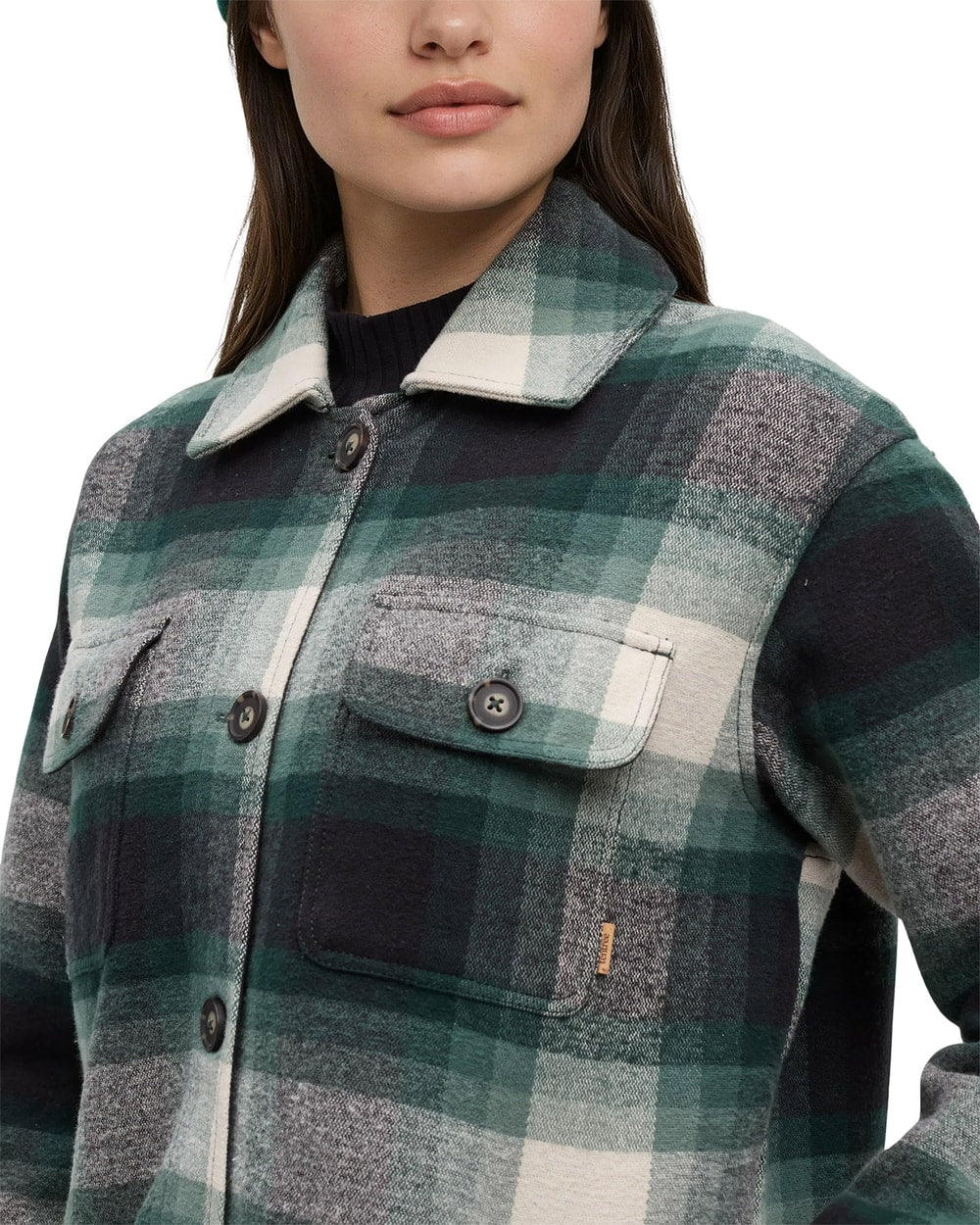 Tentree Women's Livingston Jacket - Dark Forest Green Upland Plaid - chest detail