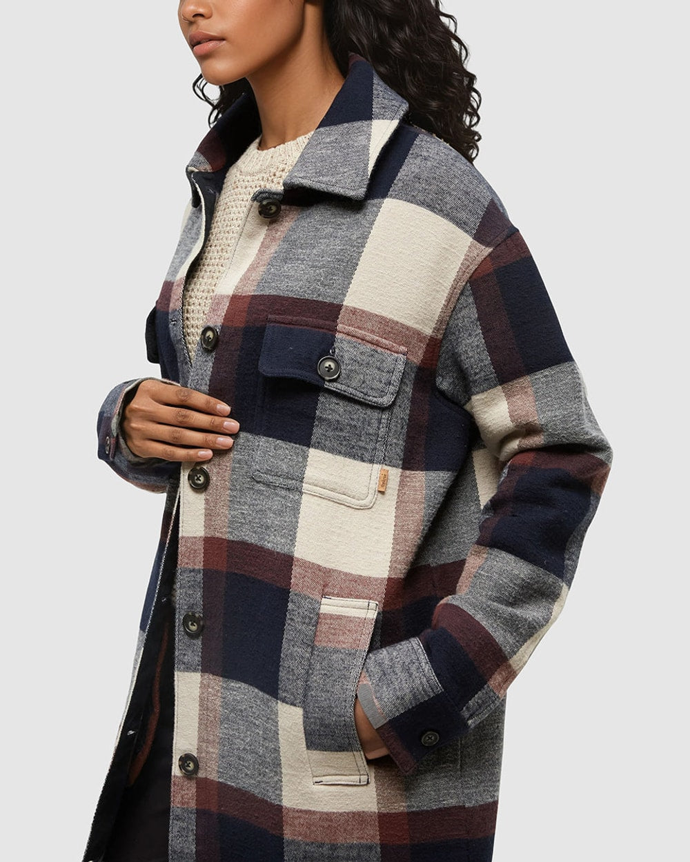 Tentree Women's Livingston Jacket - Midnight Blue Cabin Plaid, chest and pocket detail