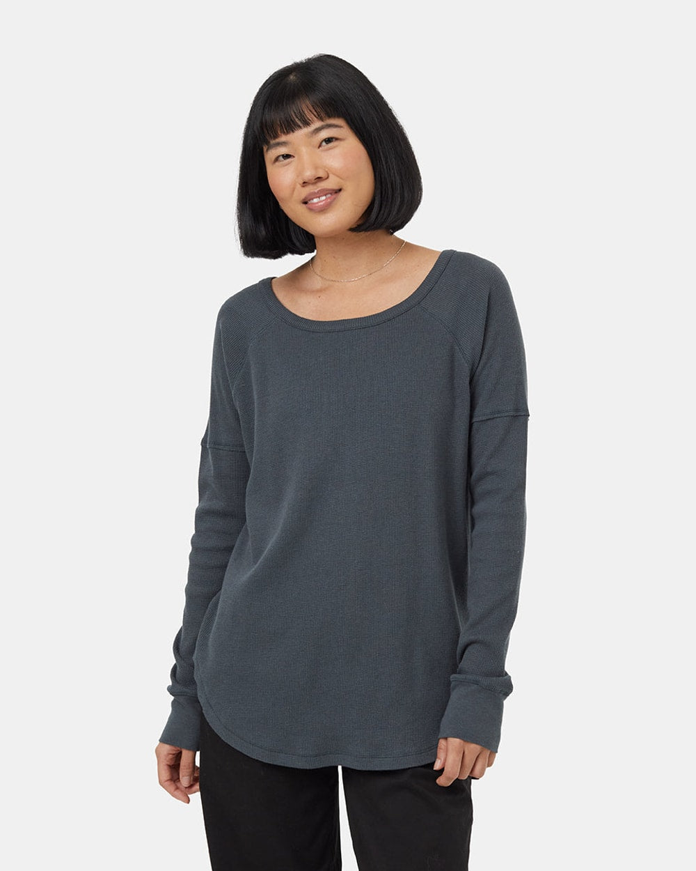 Tentree Women's Treewaffle Crew Longsleeve - Forest River Green - front detail