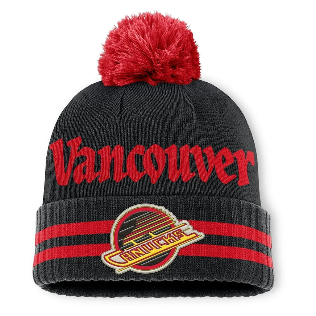 Fanatics Vancouver Canucks Heritage Blind Side Cuffed Pom Beanie - front, vintage crest on cuff