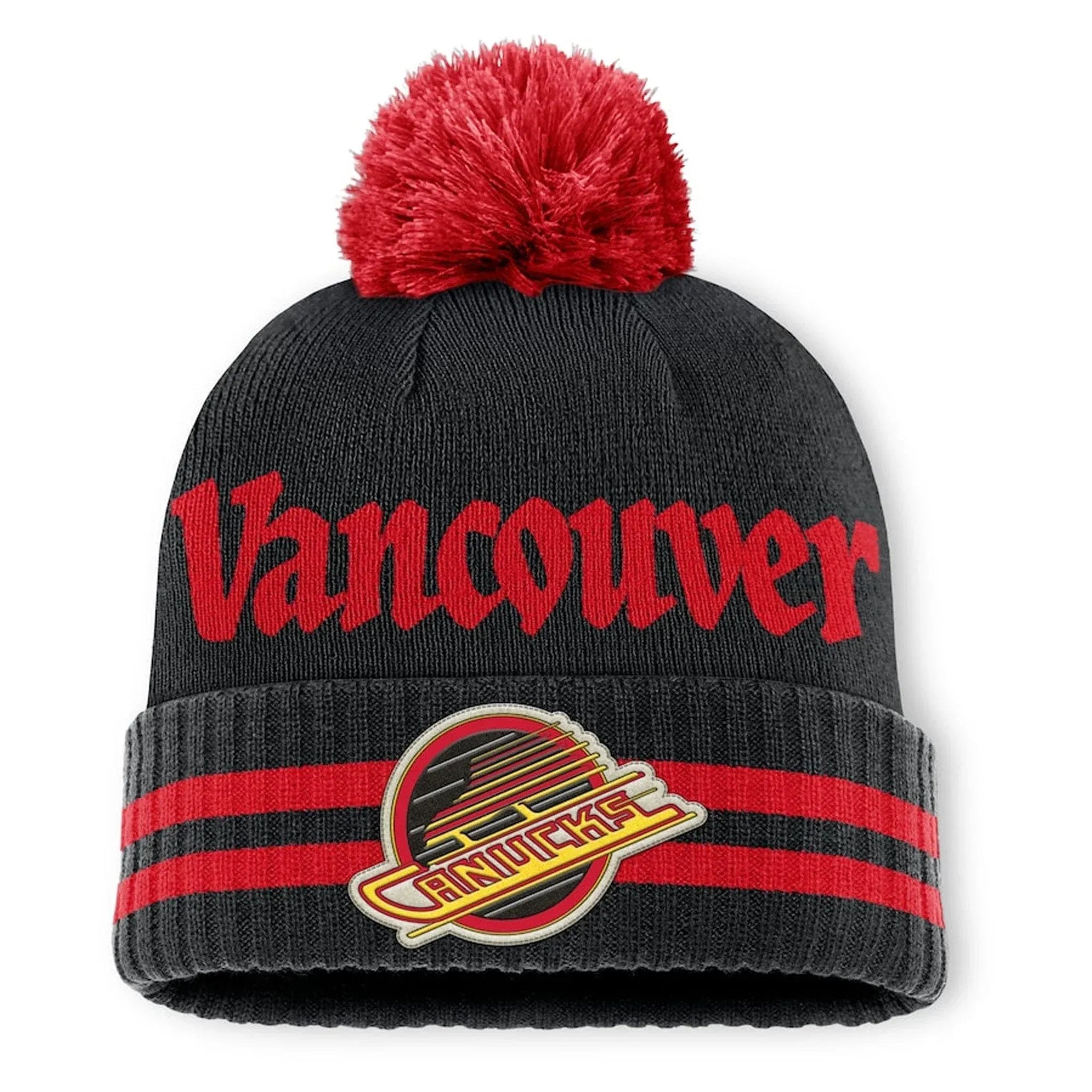 Fanatics Vancouver Canucks Heritage Blind Side Cuffed Pom Beanie - front, vintage crest on cuff