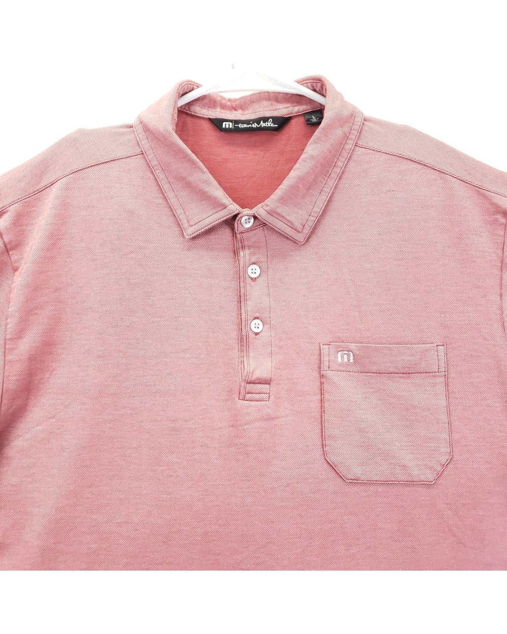TravisMathew Local Discount Polo Heather Blush - collar and pocket detail