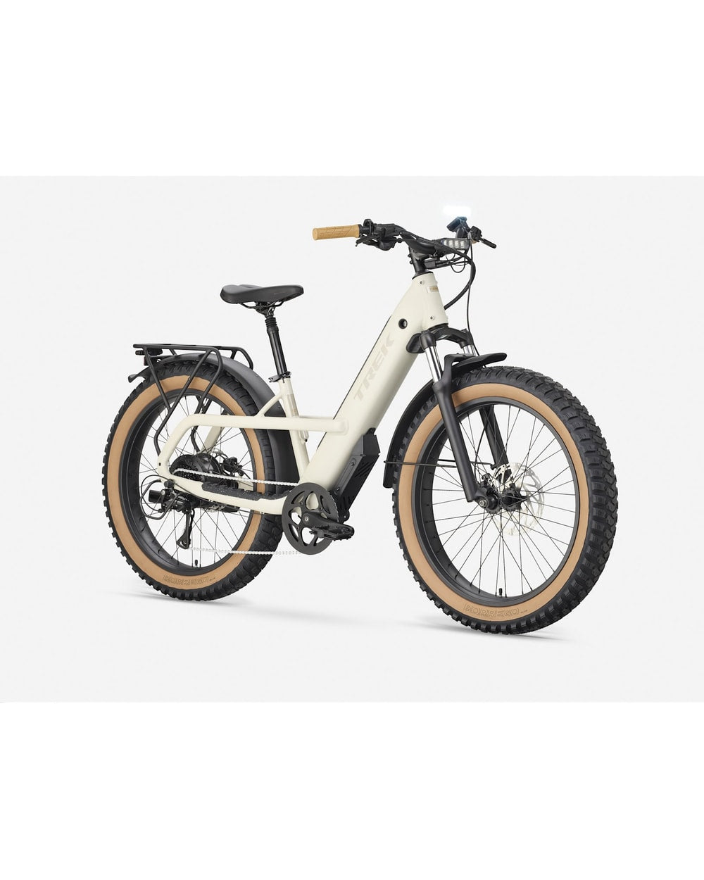 Trek Borrego+ Electric Fat Bike - Buff Beige, three-quarter front