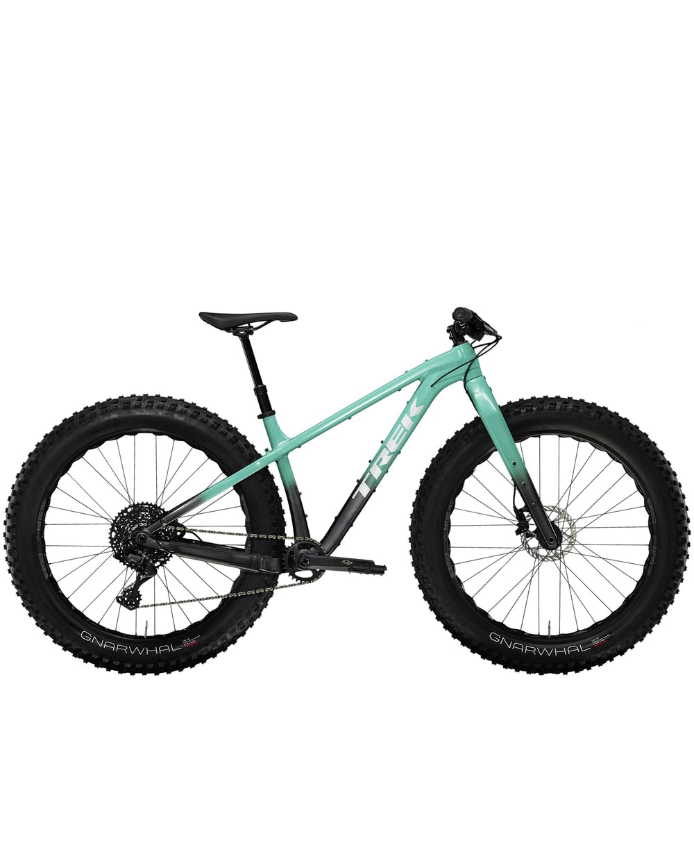Trek Farley 5 fat bike, Satin Blue Sage to Lithium Grey Fade, drive side