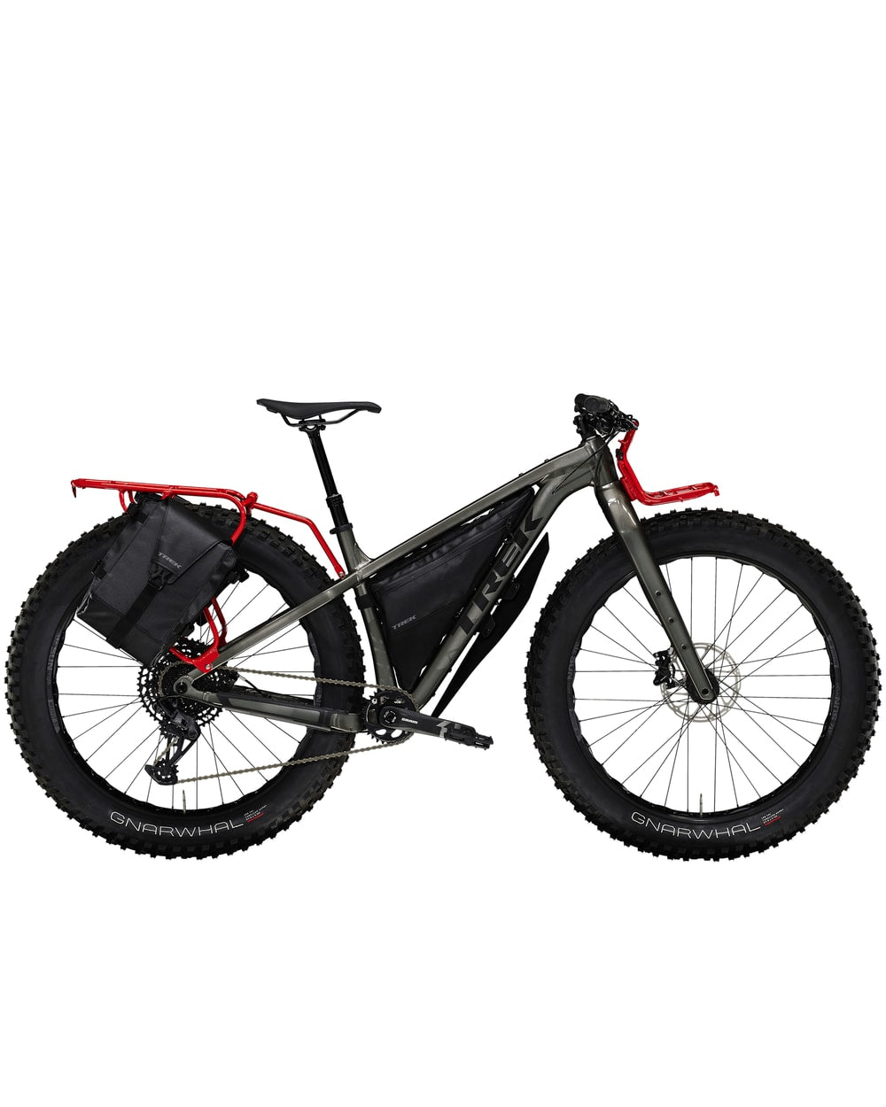 Trek Farley 9 fat bike with front and rear racks and frame bags, drive side