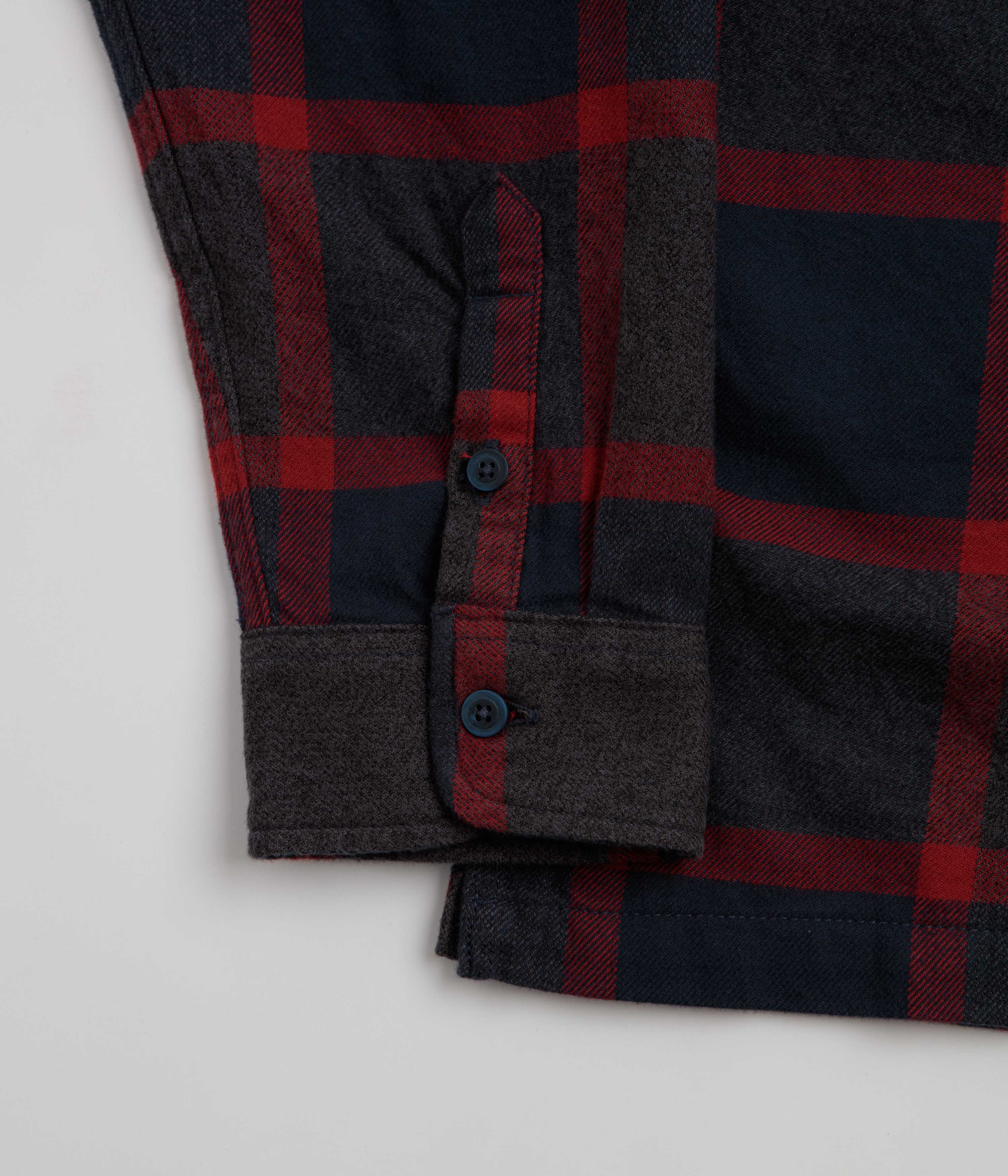Vans Men's Larkspur Plaid Flannel Shirt Parisian Night/Poppy Ember cuff detail