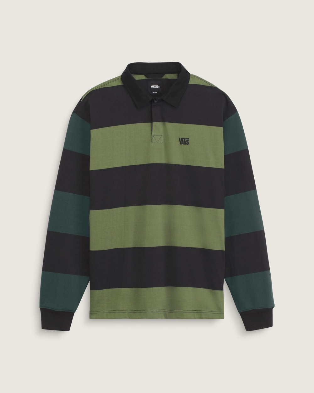 Vans 2-Tone Stripe Ward Rugby Long Sleeve in Black/Green Balsam — flat front