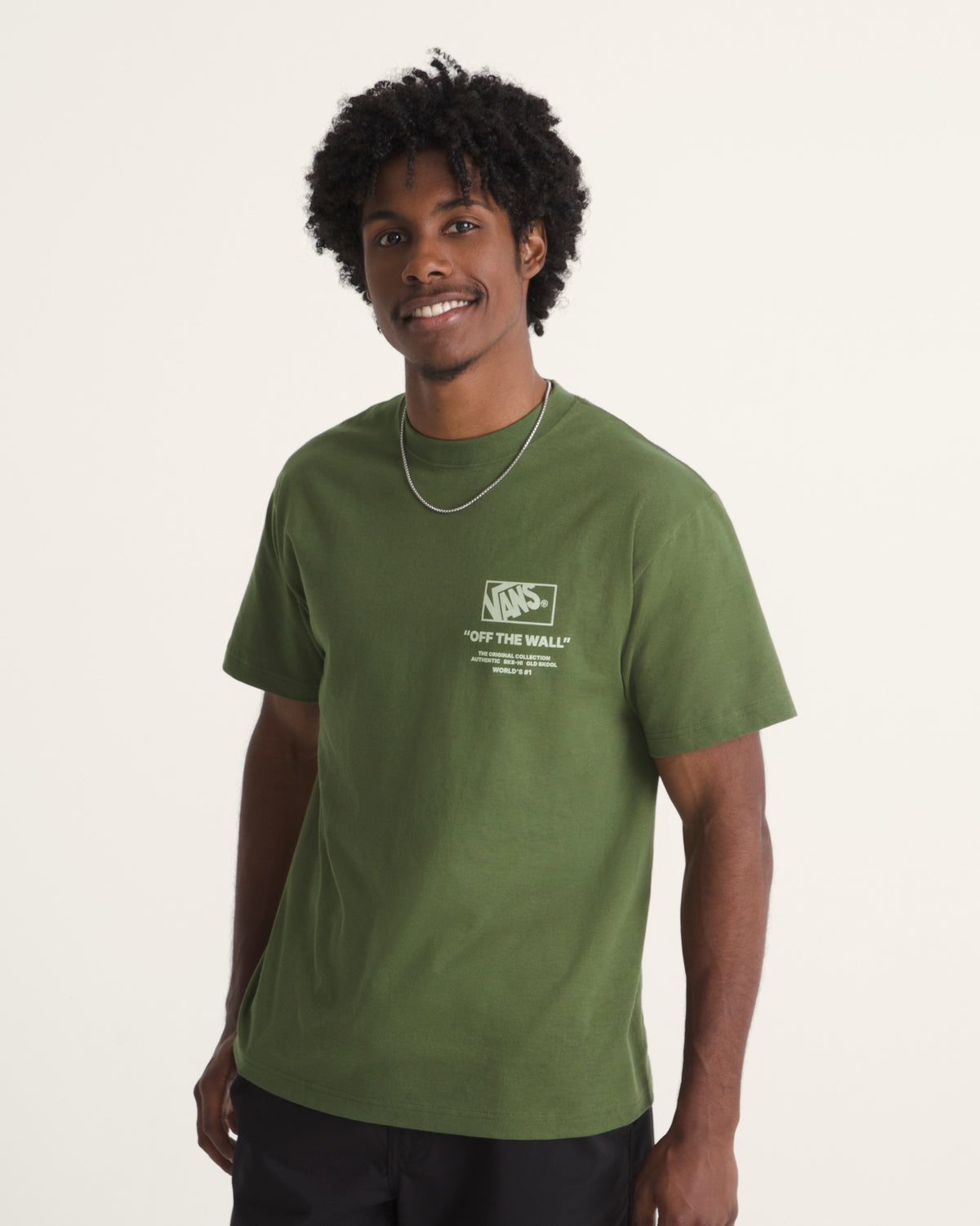 Vans Men's Stacked Hi T-Shirt in Green Balsam, on model front