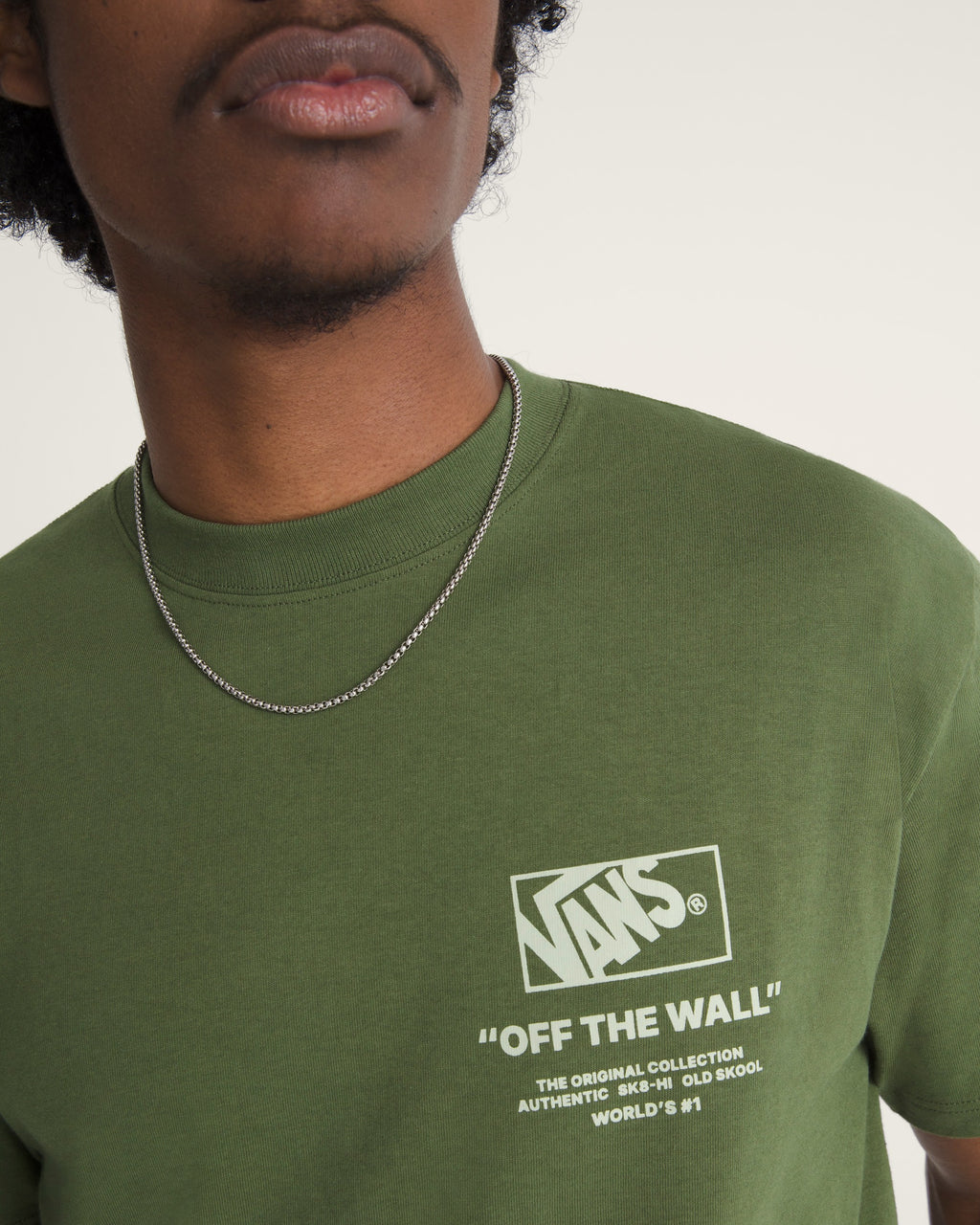 Vans Men's Stacked Hi T-Shirt in Green Balsam, chest graphic detail
